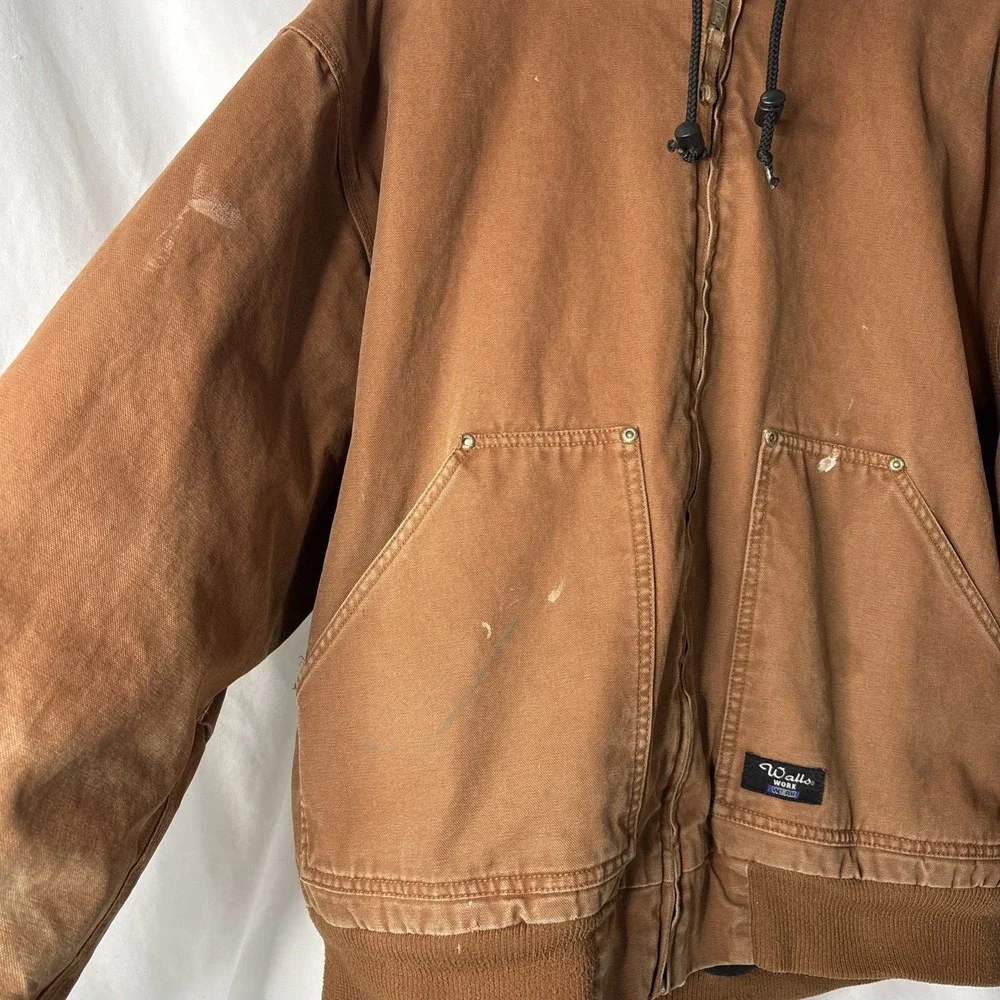 Vtg Walls Work Wear Jacket Men‎ 2XL Brown Duck Canvas Fleece Lined Hooded Grunge